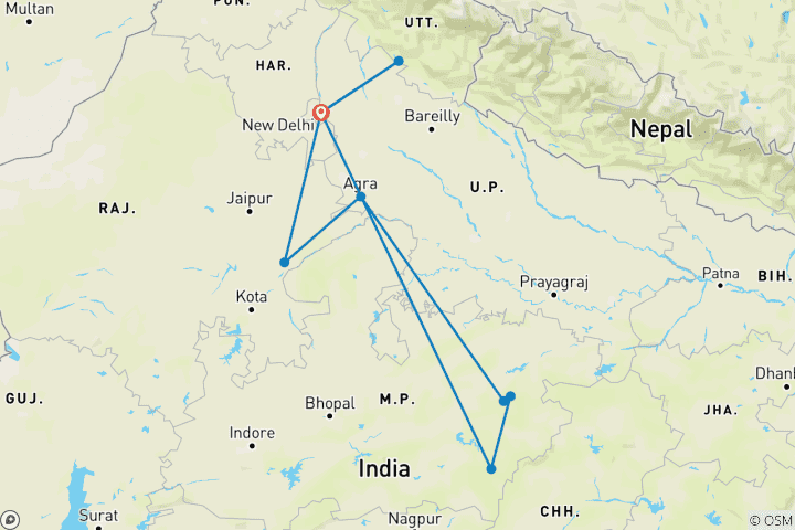 Carte du circuit Un fascinant safari de 13 jours à la rencontre des tigres indiens et du Taj Mahal (TOUT COMPRIS)