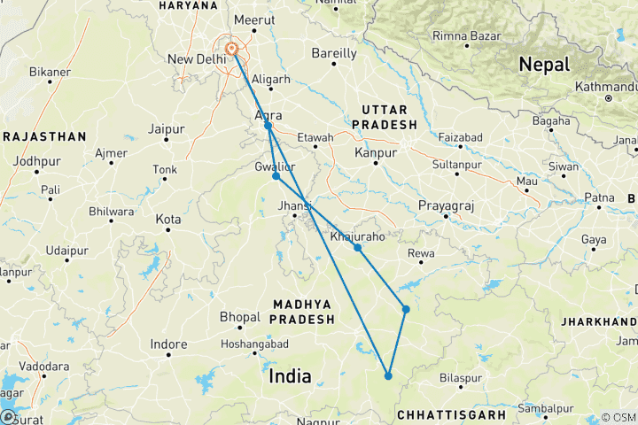 Map of An Embracing 14 Days Cultural Tour Package with Wildlife of India: Once in a Lifetime Experience!(ALL INCLUSIVE)