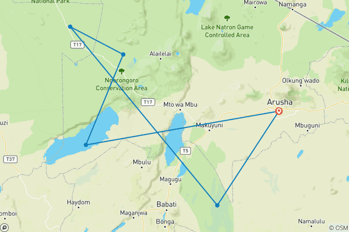 Karte von 5-tägige Safari im Norden Tansanias: Tarangire, Serengeti, Ngorongoro