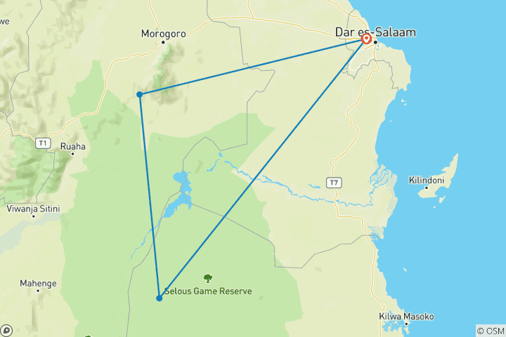 Carte du circuit Safari de 4 jours dans les parcs nationaux de Nyerere et de Mikumi