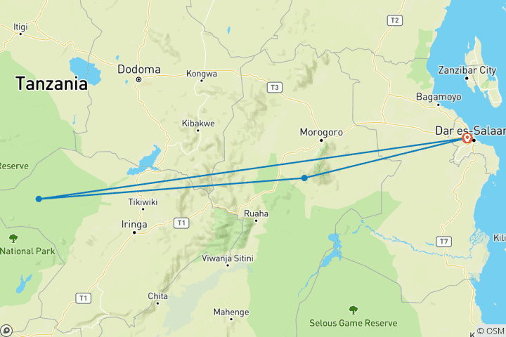 Map of 8-Day Mikumi & Ruaha National Park Safari Adventure.