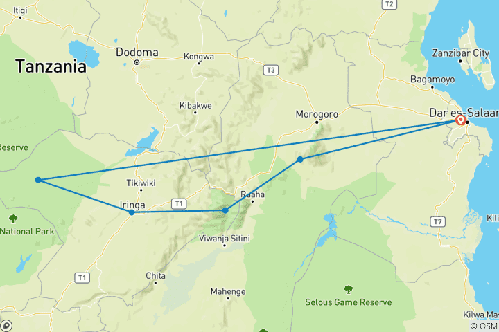 Mapa de Safari épico de 7 días por el Parque Nacional de Mikumi, Udzungwa y Ruaha