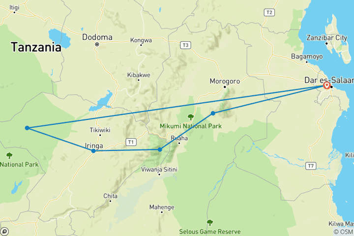 Map of Stupendous 7 Days Mikumi, Udzungwa and Ruaha National Park Safari