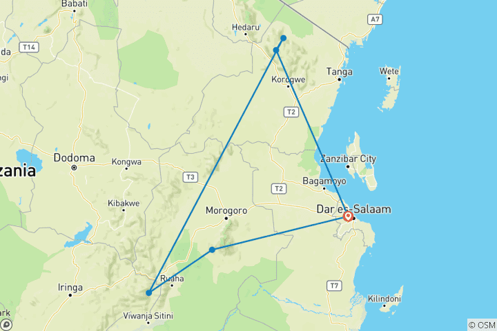 Karte von Mikumi, Udzungwa und Usambara - Lushoto  - 8 Tage