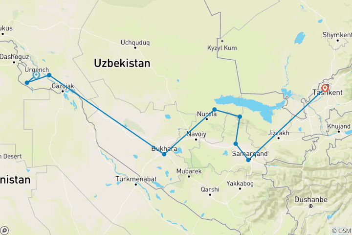 Mapa de Vacaciones en bicicleta en Uzbekistán