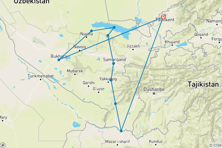 Map of Uzbekistan Adventure Tour 13 Days