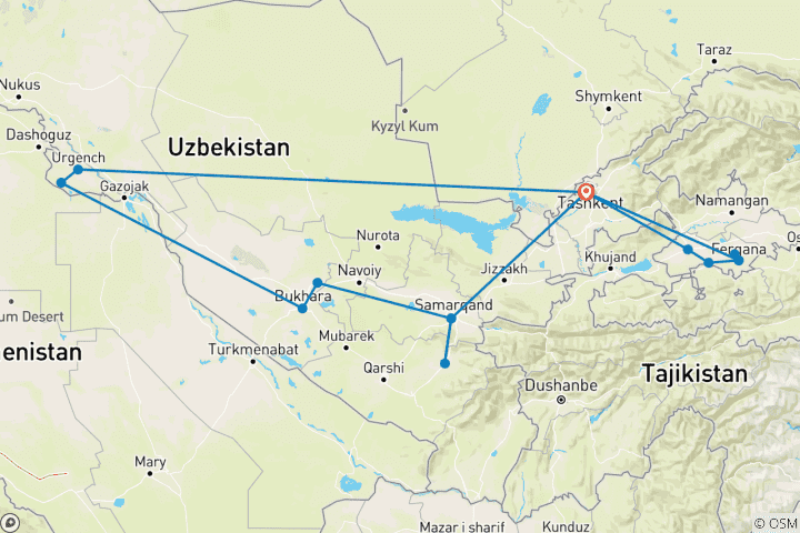 Carte du circuit Voyage de 14 jours en Ouzbékistan - Circuit classique + Vallée de Fergana