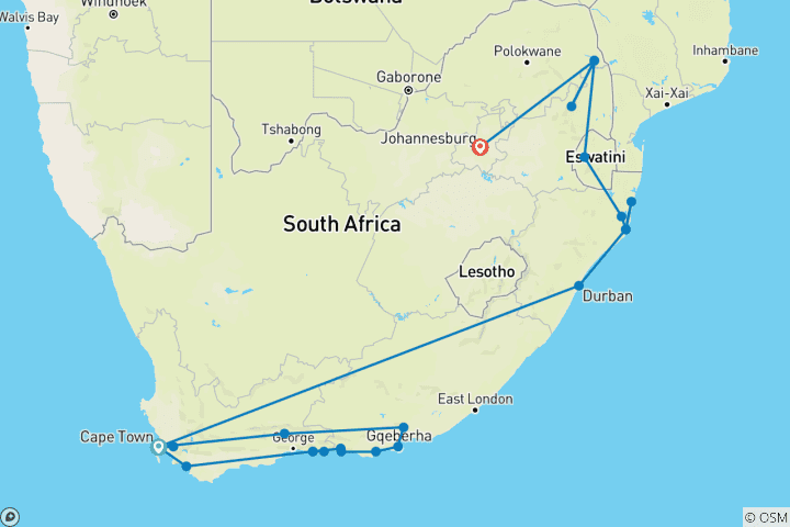 Mapa de Mar, Safari, Sudáfrica (Sin Johannesburgo (a partir del 22 de diciembre de 2025), Impuesto aéreo Ciudad del Cabo a Durban)