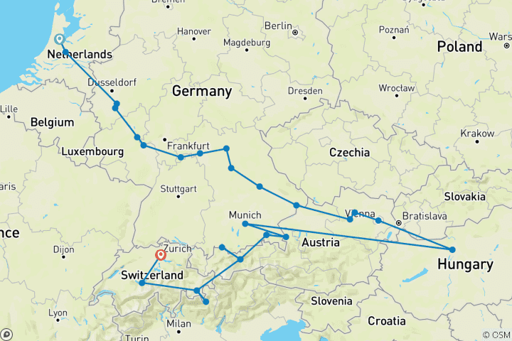 Map of Grand Alpine Explorer with European Gems  Amsterdam to Zurich (2024)