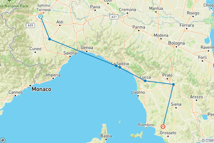 Mapa de Toscana y Riviera italiana - de Turín a Toscana - 2024