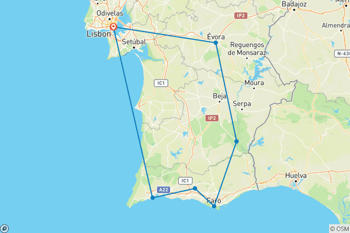 Carte du circuit Les points forts du sud du Portugal : Lisbonne et l'Algarve