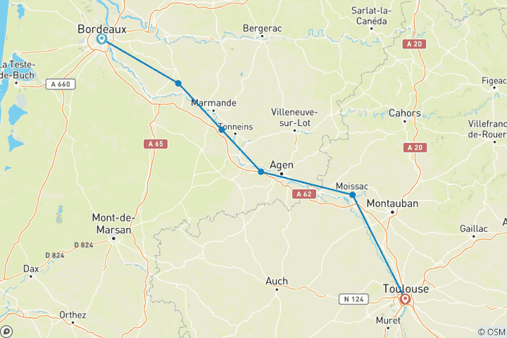 Karte von Von Bordeaux nach Toulouse oder von Toulouse nach Bordeaux (selbstgeführte) Radreise