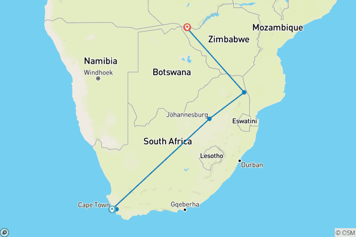 Carte du circuit L'essentiel de l'Afrique australe - Le Cap → Livingstone (2024)