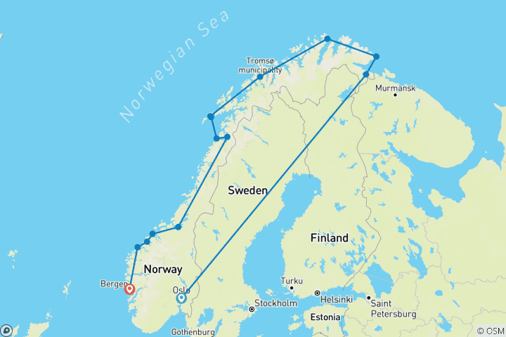 Carte du circuit Croisière Norwegian Coastal Express - d'Oslo à Bergen (2024)