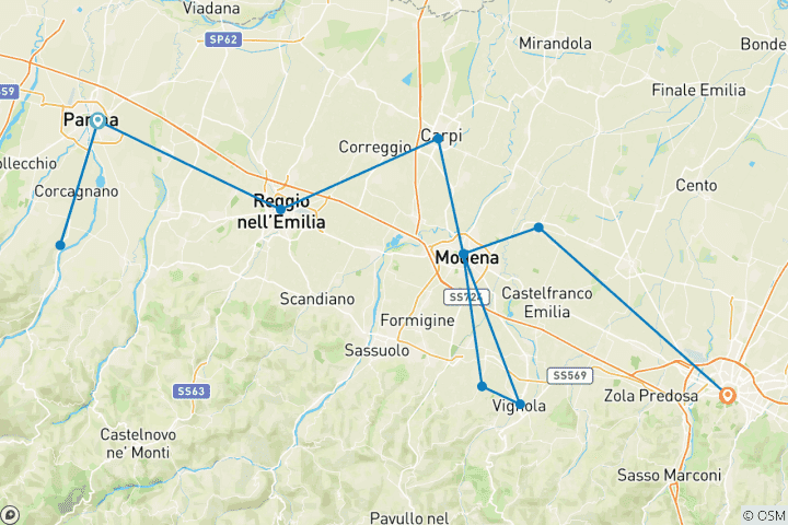 Map of Gastronomic Cycling in Emilia-Romagna, from Parma to Bologna Self-Guided