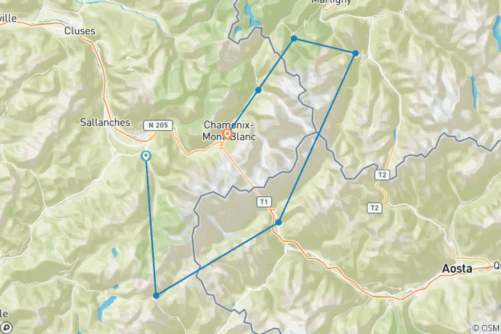 Carte du circuit Tour du Mont Blanc 8 jours auto- guidés