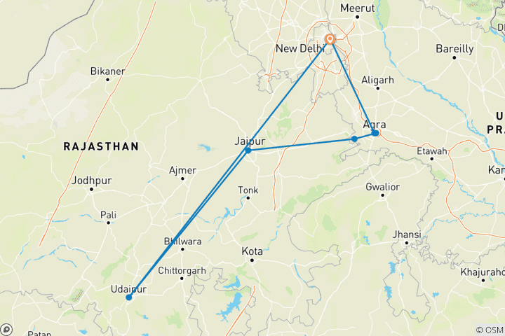 Kaart van Luxe Gouden Driehoek Rondreis door met Udaipur