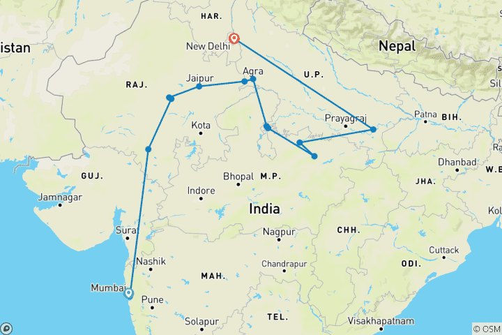 Kaart van Taj Mahal en Erfgoed India Rondreis