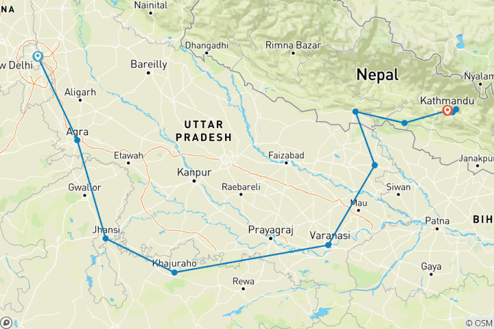 Kaart van Reis Noord –India&Nepal