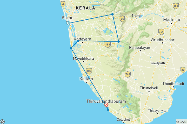 Carte du circuit 10 jours de la romantique Kerala : Une escapade romantique inoubliable (TOUT COMPRIS)