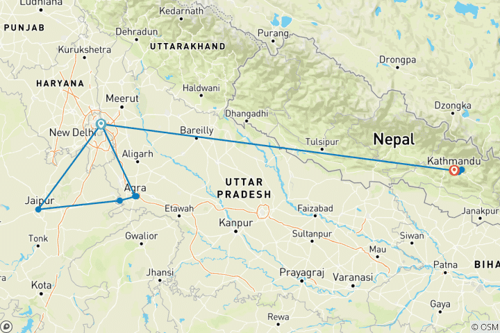 Kaart van De beste Gouden Driehoek-rondreis van India – met Nepal