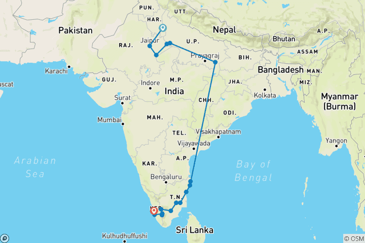 Karte von Premium Nord- und Südindien Rundreise