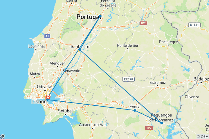 Karte von Die Hauptstadt, die Weinkeller und die Tempelritter: Eine 3 Tage Reise durch Lissabon, Évora & Tomar