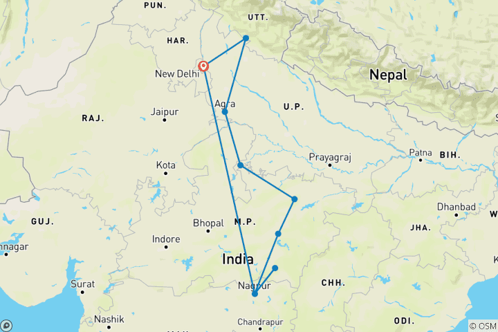 Map of Central India Safari: 15 Days Amongst Untamed Beauty(ALL INCLUSIVE)