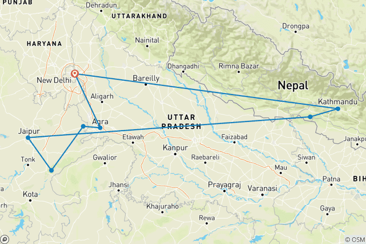 Map of Famous 14 Days India Nepal Wildlife Tour with Taj Mahal