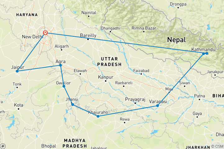 Map of 14 Days of Northern India's Tour with Serene Nepal