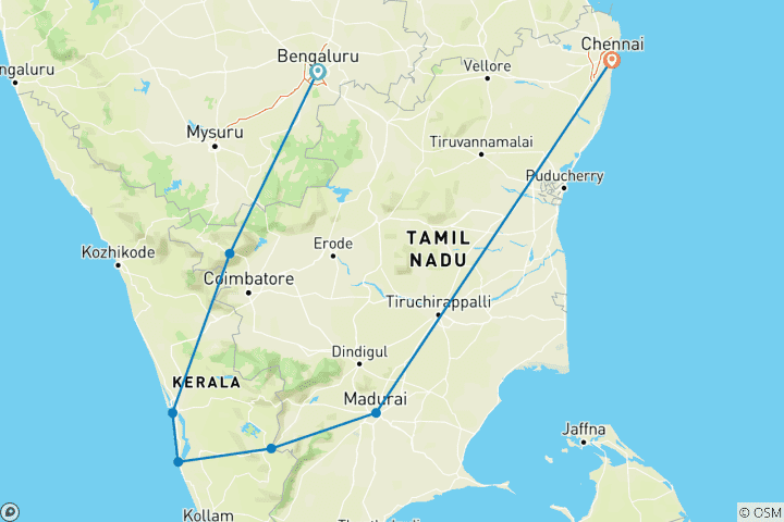 Carte du circuit Circuit de 11 jours dans les Perles de l'Inde du Sud avec séjour en bateau de luxe