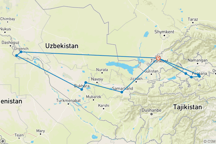 Karte von Usbekistan- Die klassische Tour und das Fergana-Tal (14 Tage)