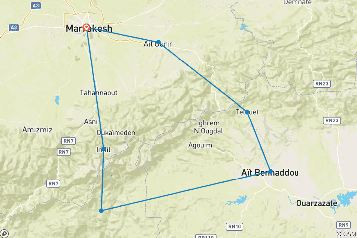 Kaart van Rondreis door Marokko – het Atlasgebergte