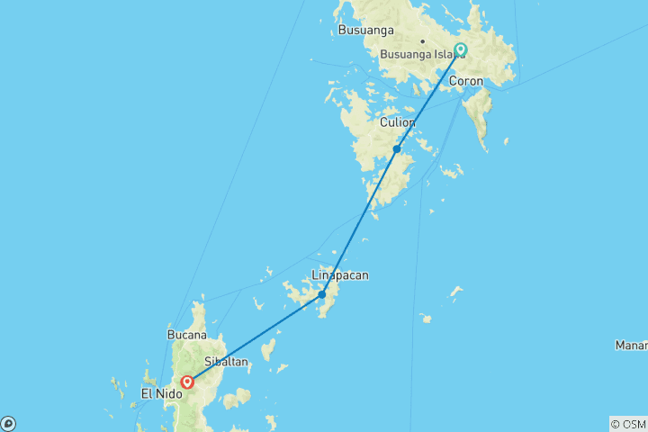 Carte du circuit Expédition de 3 jours et 2 nuits de l'Académie de marine de Coron à El Nido