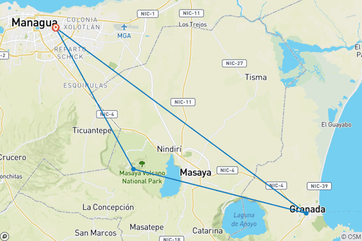 Carte du circuit Nicaragua - Aperçu des villes de Managua et Granada