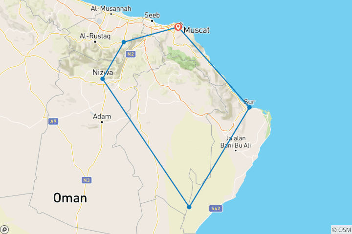 Carte du circuit Oman en entier - Circuit accompagné dans des hôtels 4 étoiles - Pension complète