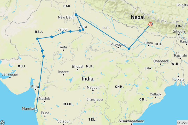 Kaart van Noord-India & exclusief Nepal