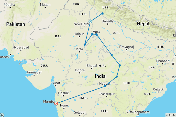 Kaart van 16 dagen Wildlife Rondreis door in India met Taj Mahal(ALL INCLUSIVE)