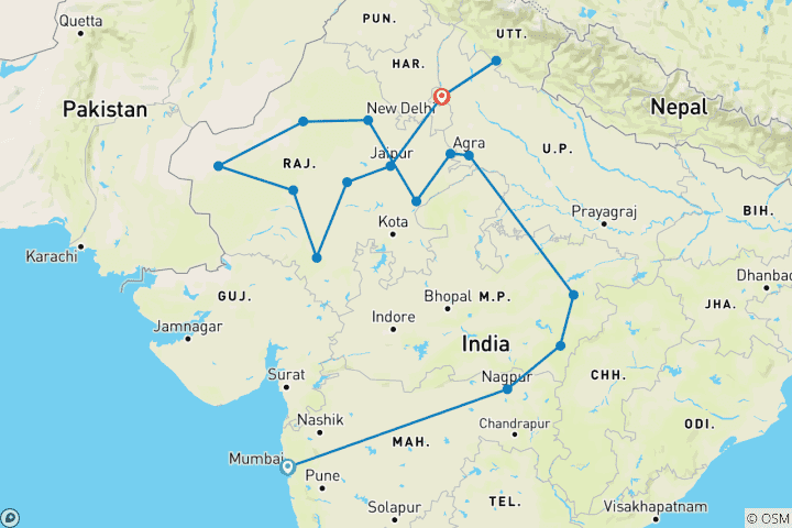 Carte du circuit Circuit luxueux de 26 jours en Inde pour découvrir la faune et la flore du Rajasthan au départ de Mumbai (TOUT COMPRIS)
