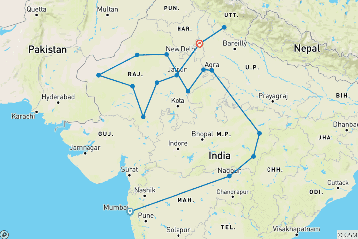 Carte du circuit Circuit luxueux de 26 jours en Inde pour découvrir la faune et la flore du Rajasthan au départ de Mumbai (TOUT COMPRIS)