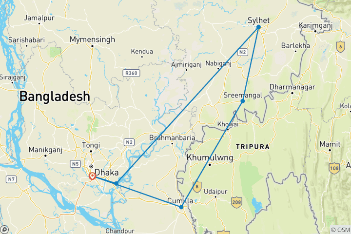 Kaart van Bangladesh rondreis in het noordoosten: Ontdek de schatten van Bangladesh