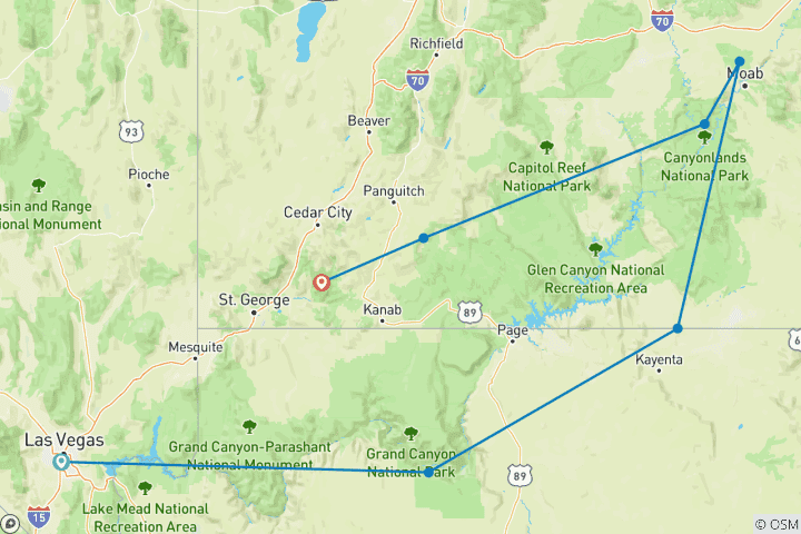 Carte du circuit Les 5 plus grands parcs nationaux de l'Utah - Visites guidées de qualité