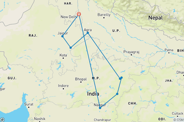Carte du circuit 14 jours - Circuit historique du Triangle d'Or avec 4 parcs nationaux - TOUT COMPRIS