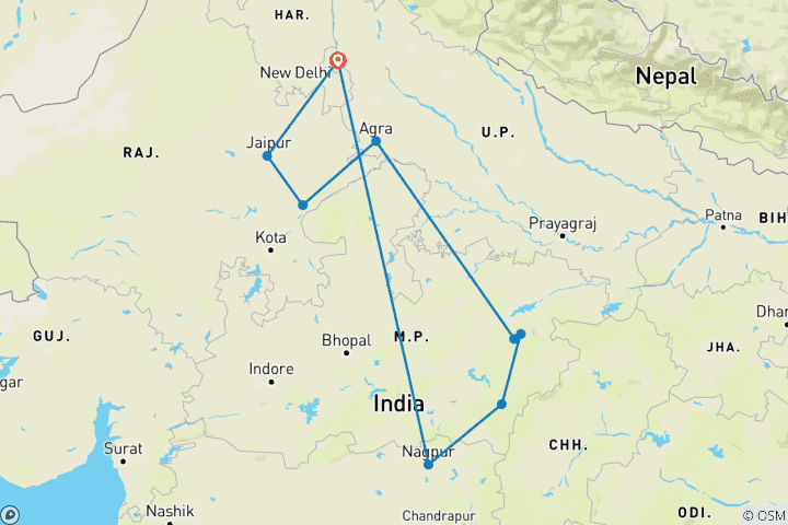 Map of 14 Days Historical Golden Triangle  Tour with 4 National Parks (ALL INCLUSIVE)