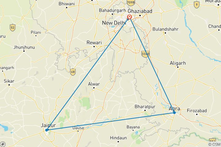 Map of 3 Days Private Golden Triangle Tour of Agra and Jaipur From Delhi