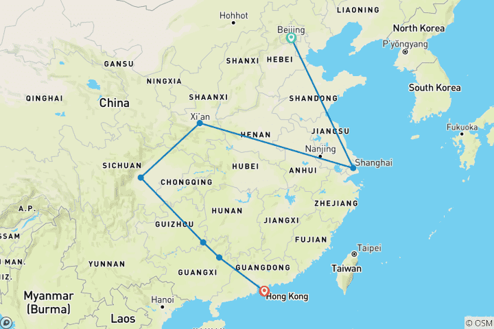 Carte du circuit Chine étonnante 18 jours de Pékin à Hong Kong