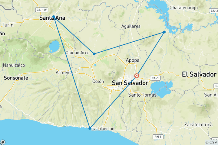 Map of Personalized 6 Days El Salvador Family Tour, Daily Start & Private Guide and Car