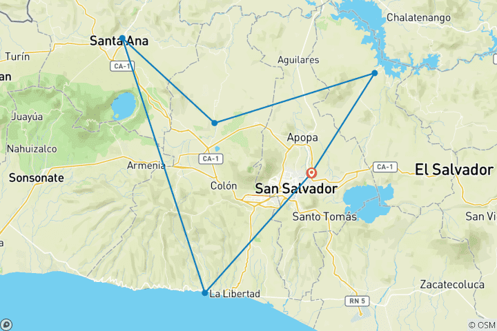 Mapa de El mejor circuito a el Salvador hecho a la medida con salida diaria