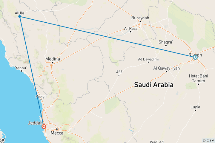 Map of Highlights of Saudi Arabia - Escorted Tour in 4* Hotels Bed and Breakfast Plan