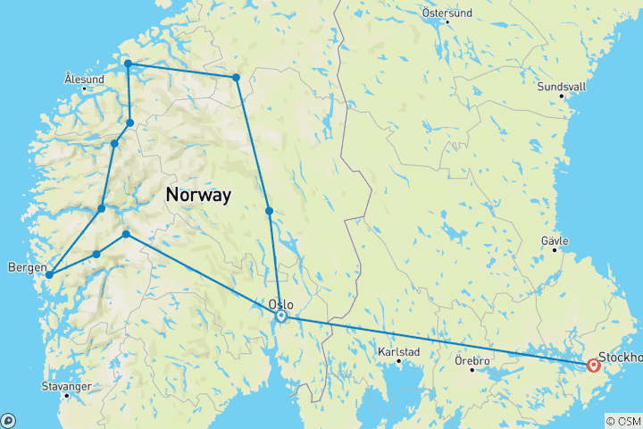 Kaart van Fjorden, charmes, tradities & Stockholm – 10 dagen